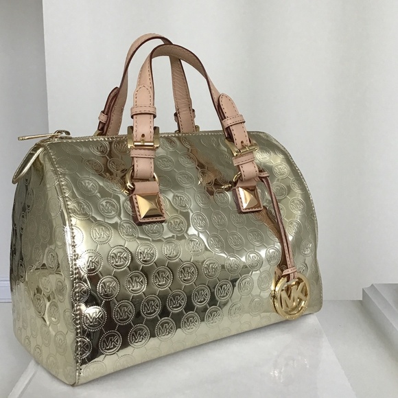 Michael Michael Kors Grayson Gold tone metallic MK logo medium size satchel - Picture 1 of 8